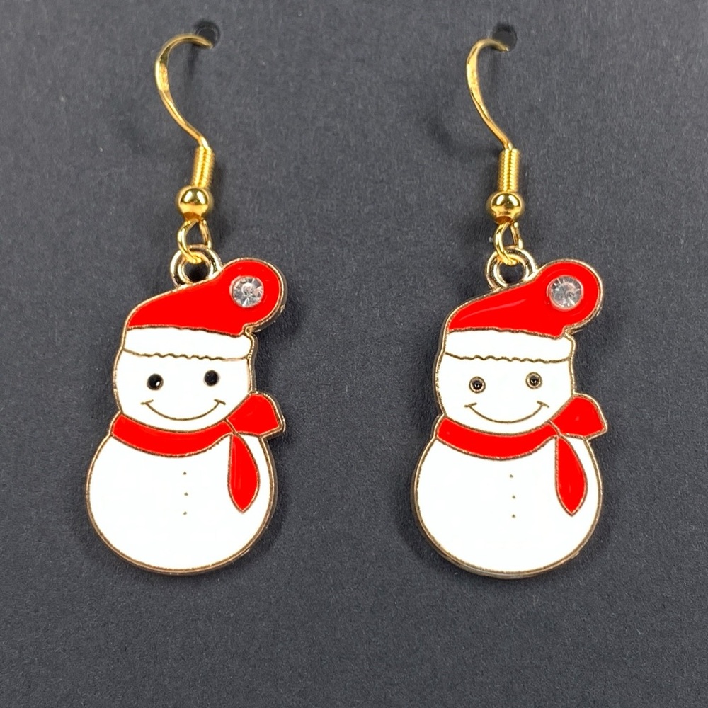 5/$25 Christmas Earrings Snowman w/ Hat & Scarf Red White Enamel with Rhinestone